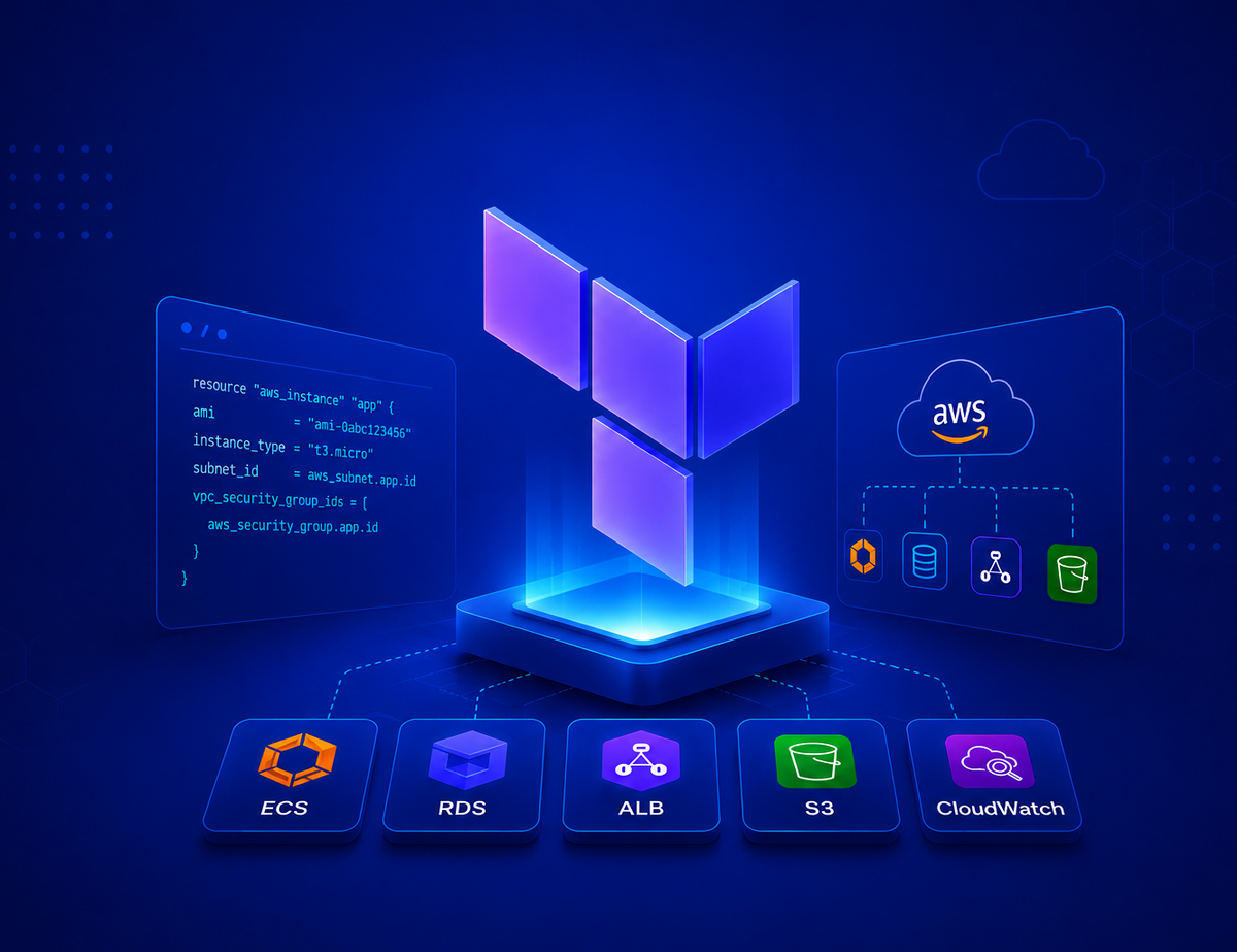 Illustration of Terraform Infrastructure as Code deployment workflow on AWS, featuring ECS, RDS, ALB, S3, and CloudWatch services used by Sentia engineering.